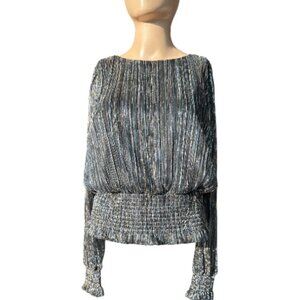 Joie Black Silver Gold Blue Metallic Sheer Smocked Waist Blouse Size M